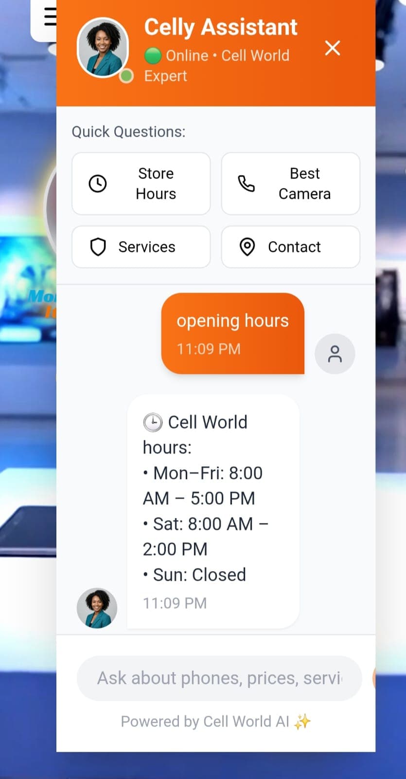 Celly answering a customer question in the Cell World app