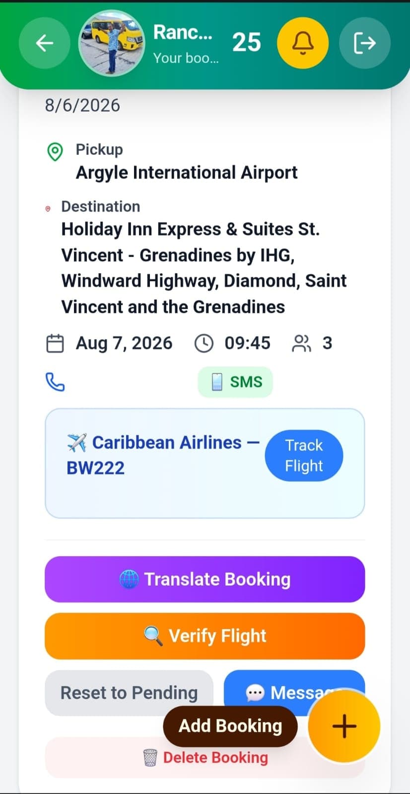 Ranchie Taxi driver dashboard showing the day's bookings